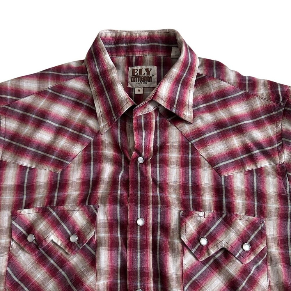 Ely Cattleman Pearl Snap Shirt Red‎ Plaid Pockets Western Short Sleeve Medium